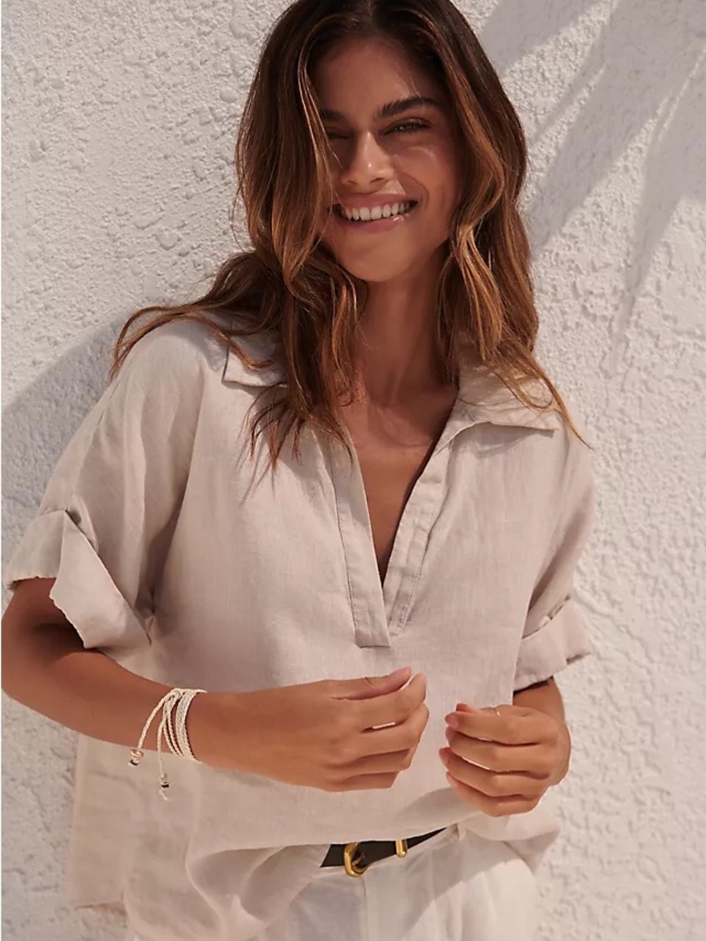 We Are Sundays Vera Linen Top Boxy Relaxed Fit Beige